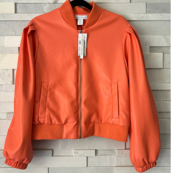 HOUSE OF HARLOW NWT 1960 Living Coral Orange Vegan Faux Leather Bomber Jacket M - Picture 1 of 4